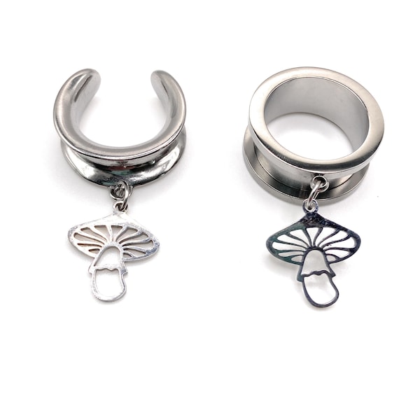 Petite Silver Mushroom Fungai 316l Surgical steel Screw Fit Dangle Tunnel available in 6mm (2GA) - 30mm (1.18") Bridal, Sun, Moon, Gauges