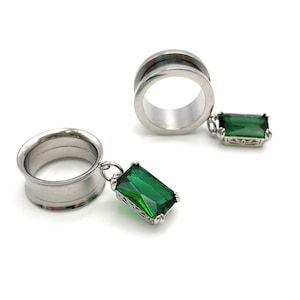 Stunning Elegant Rectangle Green Glass Gem 316l Surgical steel Screw Fit Dangle Tunnel available in 6mm (2GA) - 30mm (1.18")