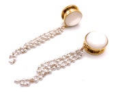 Gold Bridal String of White Pearl 316l Surgical steel Screw Fit Dangle Plugs Tunnel Gauges available in 6mm (2GA) - 16mm (5 8 quot ) Bridal