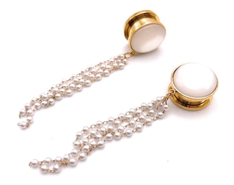 Gold Bridal String of White Pearl 316l Surgical steel Screw Fit Dangle Plugs / Tunnel / Gauges  available in 6mm (2GA) - 25mm (1") Bridal