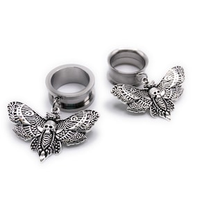 Silver Death Moth 316l Surgical steel Screw Fit Dangle Tunnel available in 3mm (8GA) - 30mm (1.18")