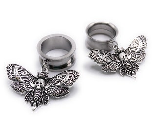 Silver Death Moth 316l Surgical steel Screw Fit Dangle Tunnel available in 6mm (2GA) - 30mm (1.18")