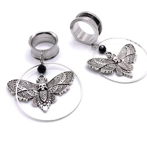 Silver Death Moth Dangle Tunnel Plug – Surgical Steel Screw Fit