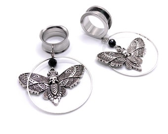 Round Silver Death Moth / Butterfly 316l Surgical steel Screw Fit Dangle Tunnel available in 3mm (8GA) - 30mm (1.18")