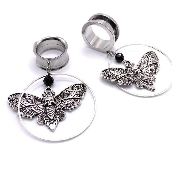 Tunnel rond argenté Death Moth / Butterfly en acier chirurgical 316l à visser disponible en 3 mm (8GA) - 30 mm (1,18")