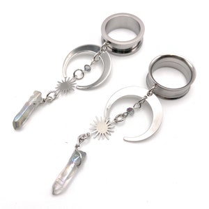 Silver Moon and Glass 316l Surgical steel Screw Fit Dangle Tunnel available in 3mm (8GA) - 30mm (1.18" also available as earrings