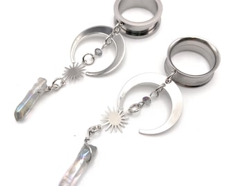 Silver Moon and Glass 316l Surgical steel Screw Fit Dangle Tunnel available in 3mm (8GA) - 30mm (1.18" also available as earrings