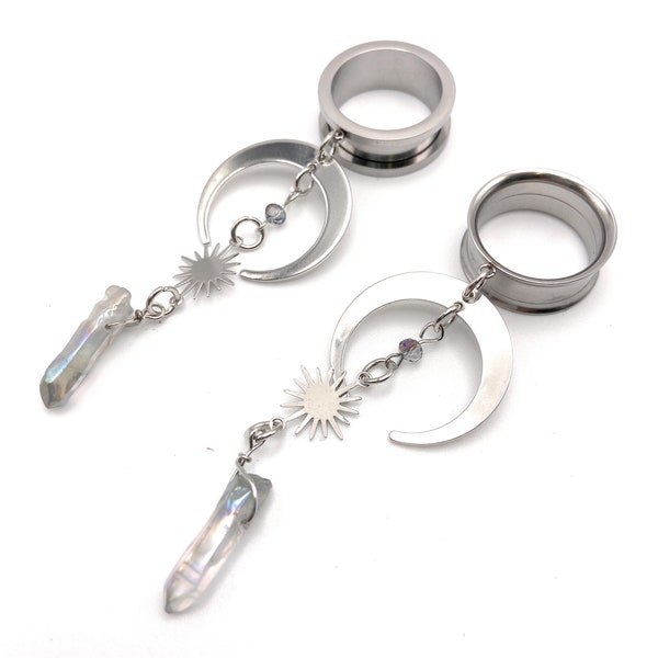 Silver Moon and Glass 316l Surgical steel Screw Fit Dangle Tunnel available in 3mm (8GA) - 30mm (1.18" also available as earrings