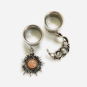 Elegant Sun and Moon 316l Surgical steel Screw Fit Dangle Tunnel available in 6mm (2GA) - 30mm (1.18")