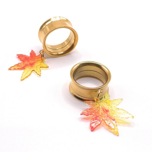 Orange & Red Autumn Maple Leaf Gold 316l Surgical steel Screw Fit / Saddle Dangle Ear Tunnel available in 3mm (8GA)- 30mm (1.18") Gauges