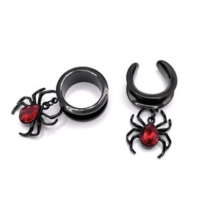 Halloween Spider Dangle Ear Tunnels: Red Gem Surgical Steel Gauges