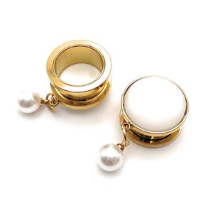 Elegant Gold Bridal White Pearl 316l Surgical steel Screw Fit Dangle Plugs / Tunnel / Gauges  available in 6mm (2GA) - 25mm (1") Bridal