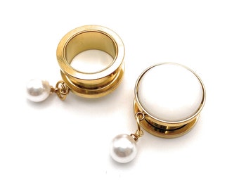 Elegant Gold Bridal White Pearl 316l Surgical steel Screw Fit Dangle Plugs / Tunnel / Gauges  available in 6mm (2GA) - 25mm (1") Bridal