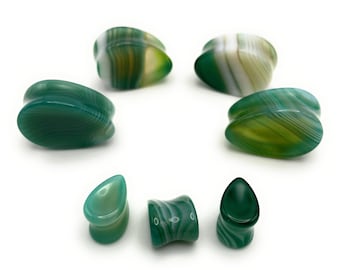 Green Agate Glass Saddle Plugs: Striped Stone Tunnels (6mm-25mm)