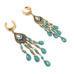Long Boho Teal  & Green Beads and Gems Gold 316l Surgical steel Horseshoe Saddle Tunnels / Plugs available in 6mm (2GA) - 30mm