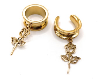 Gold Rose 316l Surgical steel Screw Fit Dangle Tunnel available in 6mm (2GA) - 30mm (1.18") Bridal, Gauges, flowers