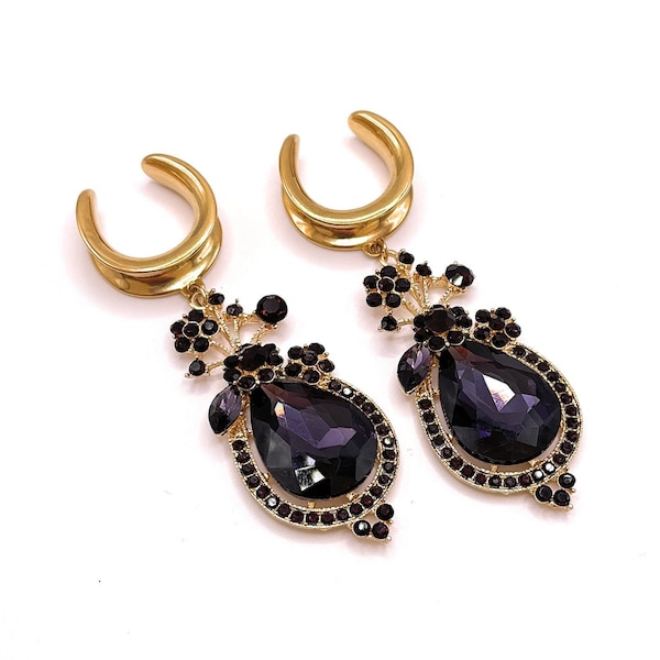 Purple Crystal Bridal Gold 316l Surgical steel Horseshoe Saddle Tunnels / Plugs available in 6mm (2GA) - 30mm (1.18")