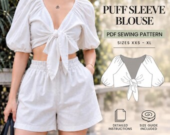 Puff Sleeve Blouse Sewing Pattern PDF, Front Tie Top, Cottagecore, Beginner