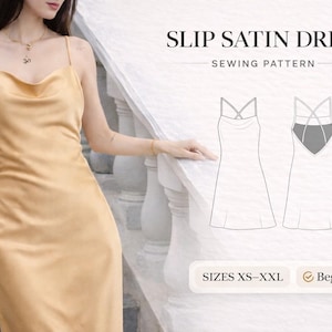 Könnte beinhalten: Ein goldgelbes Slip-Satin-Kleid mit Spaghettiträgern und einem Wasserfallausschnitt. Das Bild zeigt auch eine Nähillustration des Kleides mit dem Text "SLIP SATIN DRESS SEWING PATTERN" und "SIZES XS-XXL".