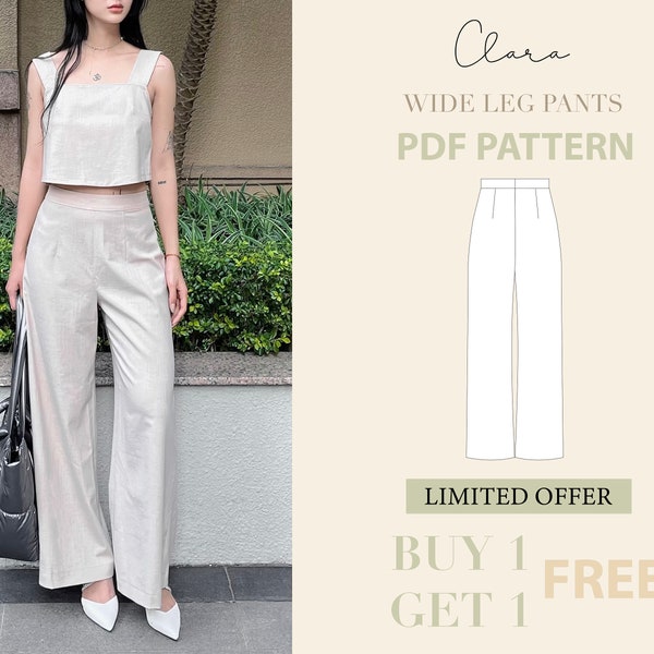 Wide Leg Pants with invisible zipper Sewing Pattern, Easy Digital PDF, High Waisted Pants, Beginner Pants PDF Pattern, Linen Pants Pattern