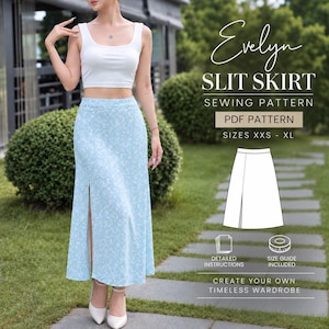 Könnte beinhalten: Ein hellblauer Rock mit Blumenmuster und Seitenschlitz, kombiniert mit einem weißen ärmellosen bauchfreien Oberteil. Das Bild enthält Text: Evelyn SLIT SKIRT SEWING PATTERN PDF PATTERN SIZES XXS - XL, eine Skizze des Rocks und Anleitungssymbole.