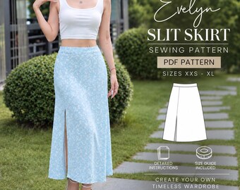 Midi Slit Skirt Sewing Pattern PDF, High Waisted A-Line Skirt, Beginner