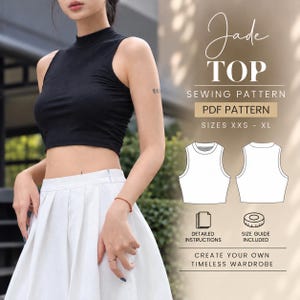 Könnte beinhalten: Ein Schnittmuster für ein ärmelloses bauchfreies Oberteil mit Stehkragen namens Jade TOP. Das digitale PDF-Schnittmuster umfasst die Größen XXS bis XL, eine detaillierte Anleitung und eine Größentabelle mit technischer Zeichnung des Oberteils.