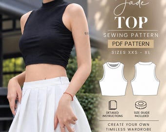 Mock Neck Top Sewing Pattern PDF, Sleeveless Crop Top, High Neck, Beginner