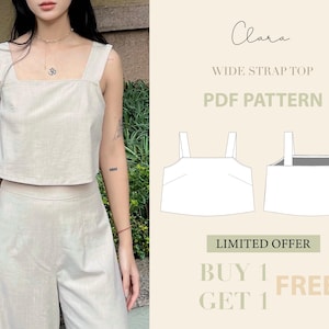 Può includere: Un'illustrazione digitale di un modello di top a bretelle larghe, etichettato "Clara Wide Strap Top PDF Pattern". L'illustrazione mostra le viste anteriore e posteriore del top. Il testo "Limited Offer Buy 1 Get 1 Free" è incluso.