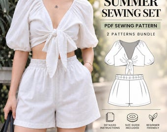 Front Tie Blouse & Shorts Sewing Pattern Bundle, 2 PDF Patterns, Beginner