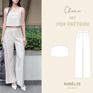 Puede incluir: Un patrón PDF para un conjunto de dos piezas llamado "Clara Set" de Aurélie Studio. El conjunto incluye un top corto sin mangas y pantalones de pierna ancha.