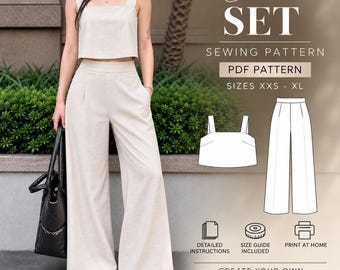 Wide Strap Top & Wide Leg Pants Sewing Pattern Bundle, Beginner