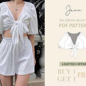 Front Tie Blouse With Puff Sleeves, Women&#39;s Blouse Sewing Pattern, Easy Digital PDF Blouse, Beginner Blouse Pattern