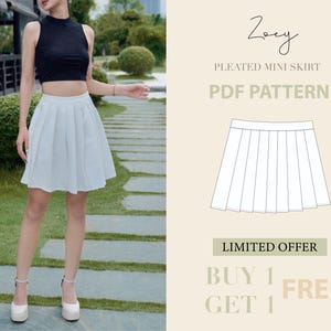 Könnte beinhalten: Ein weißer Plisseerock-Schnittmuster, mit dem Text "Zoey Pleated Mini Skirt PDF Pattern" und "Limited Offer Buy 1 Get 1 Free".