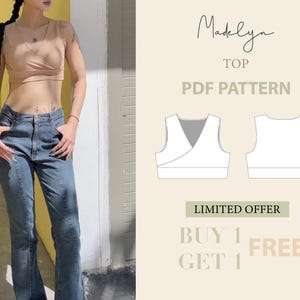 Könnte beinhalten: Gezeigt werden ein beiges Wickel-Top und blaue Jeans. Das Bild enthält auch ein PDF-Muster für das Top mit dem Text "Madelyn TOP PDF PATTERN" und "LIMITED OFFER BUY 1 GET 1 FREE".