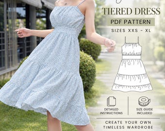 Tiered Dress Sewing Pattern PDF, Summer Midi Dress, Beginner