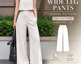 Wide Leg Pants Sewing Pattern PDF, High Waisted Trousers, Invisible Zipper, Beginner