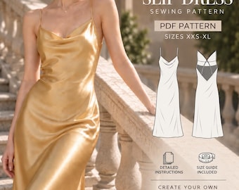 Slip Dress Sewing Pattern PDF, Satin Cowl Neck Dress, Adjustable Straps, Bias Cut, Beginner