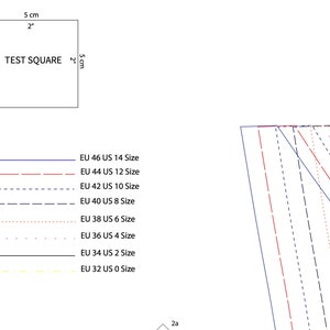 May include: A sewing pattern document featuring a 5 cm by 5 cm test square and a legend defining various line styles for sizes ranging from EU 32 US 0 to EU 46 US 14, with corresponding coloured lines shown on the right side of the page.