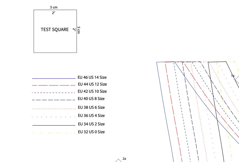 May include: A sewing pattern document featuring a 5 cm by 5 cm test square and a legend defining various line styles for sizes ranging from EU 32 US 0 to EU 46 US 14, with corresponding coloured lines shown on the right side of the page.