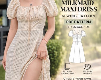 Milkmaid Dress Sewing Pattern PDF, Cottagecore Maxi Dress, Puff Sleeve, Beginner