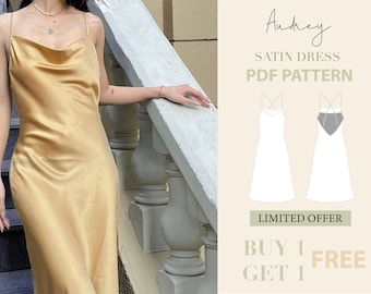 Audrey Satin Dress with adjustable straps, Cowl Neck Dress Sewing Pattern,Easy Digital PDF Slip Dress,Bias-Cut Dress Pattern,Silk Prom Dress
