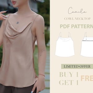 Cowl Neck Top with adjustable straps, Cami Top Sewing Pattern, Beginner Top Digital PDF, Satin Top Easy PDF Pattern, Instant Download