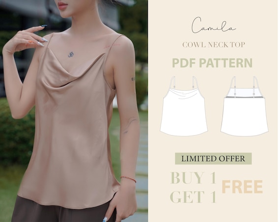 Cowl Neck Top Sewing Pattern PDF, Silk Cami Top Pattern with Adjustable Straps, Digital Download, Size XXS-XL, Beginner-Friendly Sewing