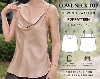Cowl Neck Top Sewing Pattern PDF, Silk Cami Top, Adjustable Straps, Beginner