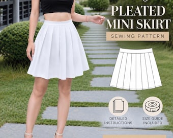 Pleated Mini Skirt Sewing Pattern PDF, High Waisted Skirt Pattern, Tennis Skirt Pattern, Digital PDF