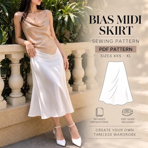Könnte beinhalten: Ein Schnittmuster für einen Bias-Midi-Rock im PDF-Format für die Größen XXS bis XL. Das Bild zeigt den Text BIAS MIDI SKIRT SEWING PATTERN PDF PATTERN SIZES XXS - XL, eine Strichzeichnung des Rocks sowie Symbole für Anleitungen und Größentabellen.