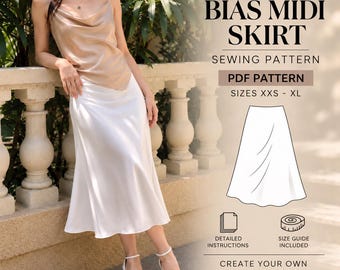 Bias Midi Skirt Sewing Pattern PDF, Bias Cut Skirt, Invisible Zipper, Beginner