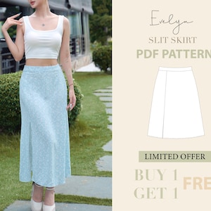 Könnte beinhalten: Ein blauer Blumenrock mit einem Schlitz vorne. Der Rock wird an einem Model mit einem weißen Crop-Top gezeigt. Das Bild enthält auch Text, der "Evelyn Slit Skirt PDF Pattern" und "Limited Offer Buy 1 Get 1 Free" lautet.
