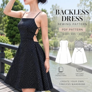 Könnte beinhalten: Ein schwarzes rückenfreies Kleid mit weißen Punkten, dünnen Spaghettiträgern und einem ausgestellten Rock. Das Bild enthält den Text: BACKLESS DRESS SEWING PATTERN, PDF PATTERN, SIZES XXS - XL, DETAILED INSTRUCTIONS, SIZE GUIDE INCLUDED, CREATE YOUR OWN TIMELESS WARDROBE.